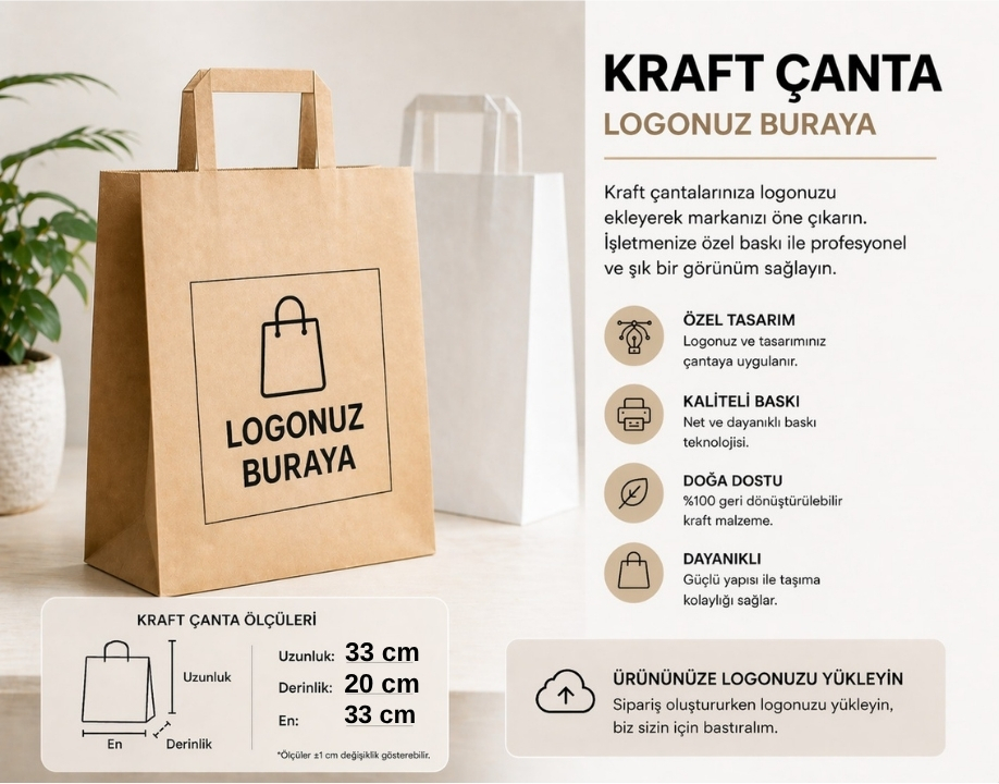 Düz Saplı Kraft Karton Çanta 33*20*33